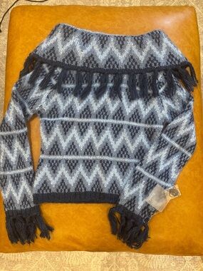 Fringed Chevron Cowl Neck Wool Sweater - Blue & Gray